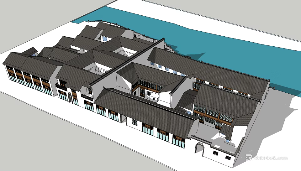 Ancient Architecture Complex With Courtyard Layout Waterfront And Traditional Roofs 3d model