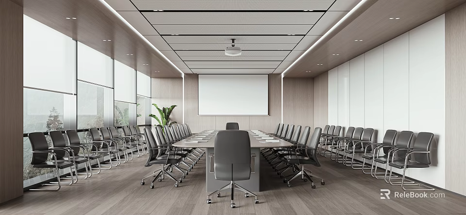 Modern Conference Room Interior With Long Table Projector Screen And Comfortable Chairs 3d model