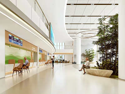 Modern Hospital Outpatient Clinic Hall With Green Plants And Reception 3d model