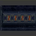 Blue Industrial Machine With Multiple Drawers Colorful Striped Panels And Surface Design