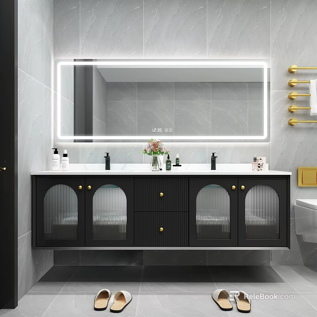 Modern Vanity with Black Glass Door Cabinet Gold Handles Backlit Mirror and Countertop Toiletries Vase 3d model 