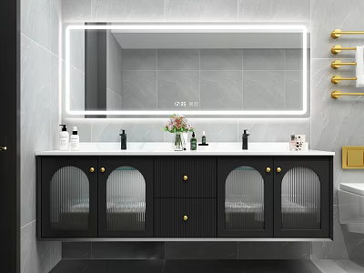 Modern Vanity with Black Glass Door Cabinet Gold Handles Backlit Mirror and Countertop Toiletries Vase 3d model