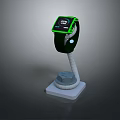 Smartwatch With Green Strap On White Charging Stand And Digital Screen