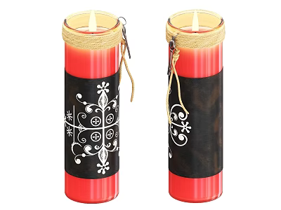 Decorative Ornament Set With Red Candles Black Bands White Patterns Yellow Wicks And Hangers 3d model