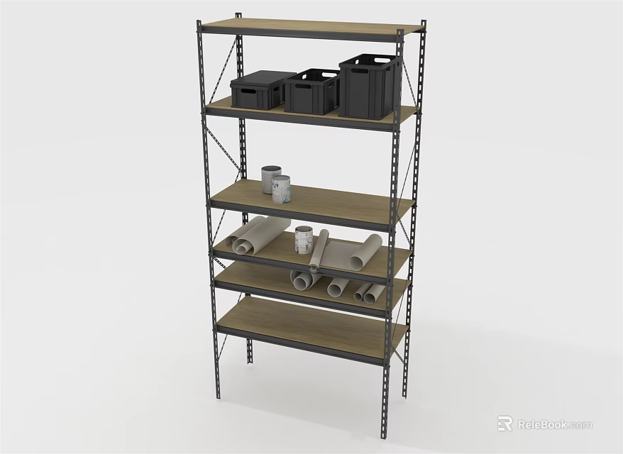 Sturdy Metal Frame Display Shelf With Multiple Wooden Tiers For Organizing Storage Boxes And Rolls 3d model 