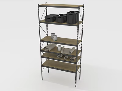 Sturdy Metal Frame Display Shelf With Multiple Wooden Tiers For Organizing Storage Boxes And Rolls 3d model