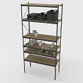 Sturdy Metal Frame Display Shelf With Multiple Wooden Tiers For Organizing Storage Boxes And Rolls