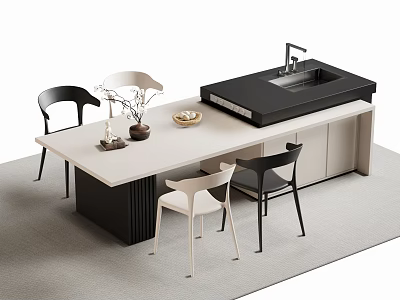 Modern Bar Counter With Sleek White Black Top Sink Faucet And Black White Chairs 3d model