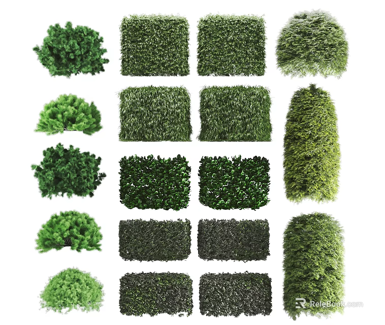 Different Types Of Green Garden Shrubs With Various Shapes And Foliage 3d model 