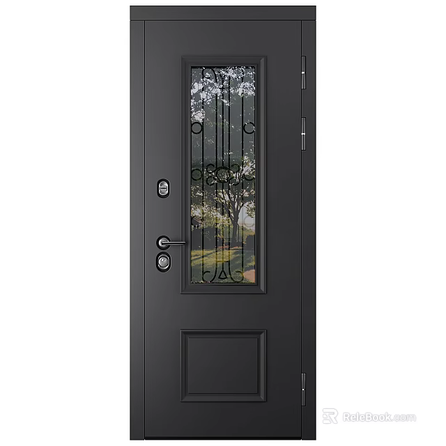 Modern Black Hinged Door With Glass Panel Decorative Grill And Metal Handle 3d model 