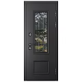 Modern Black Hinged Door With Glass Panel Decorative Grill And Metal Handle