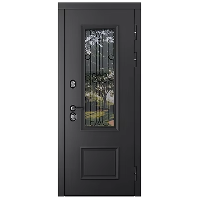 Modern Black Hinged Door With Glass Panel Decorative Grill And Metal Handle 3d model