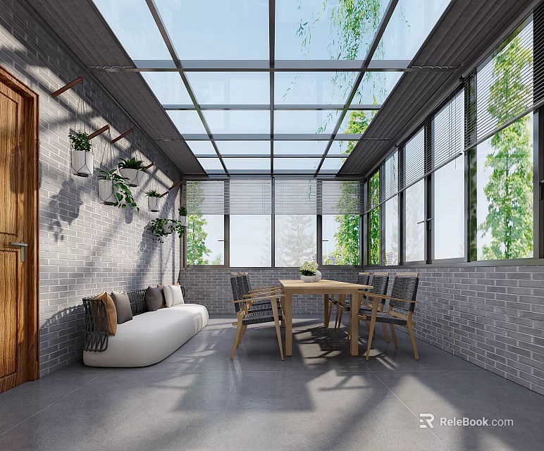 Villa Balcony with Glass Roof Brick Walls Sofa Dining Table and Green Plants 3d model 