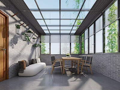 Villa Balcony with Glass Roof Brick Walls Sofa Dining Table and Green Plants 3d model