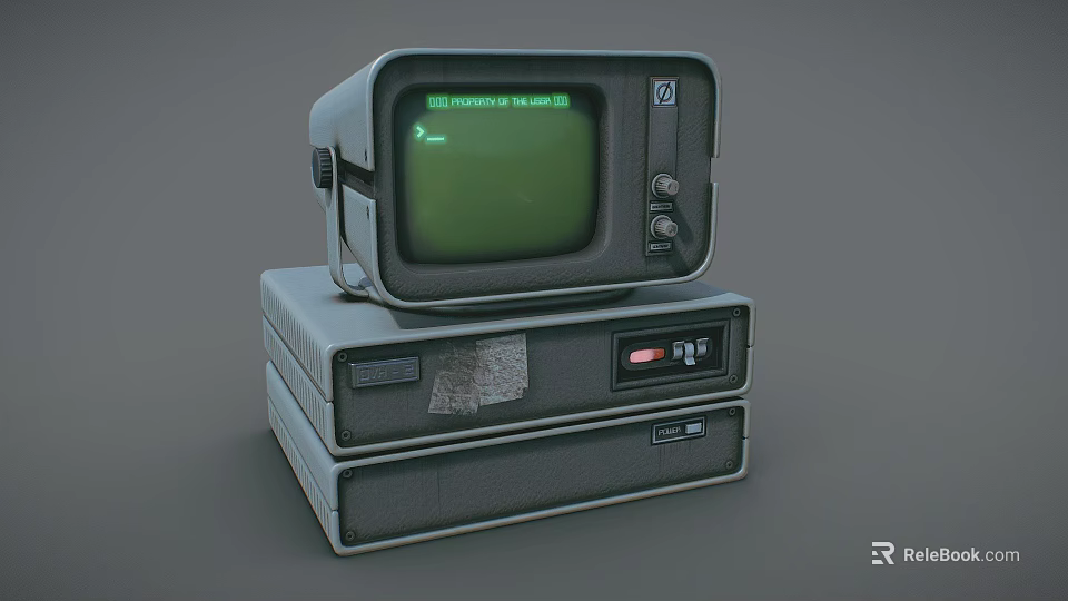 Vintage Computer System With Green Screen Monitor And Stacked Units 3d model 