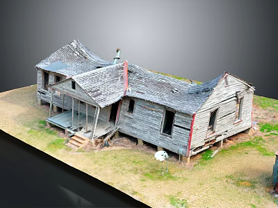 Old Wooden House with Weathered Wood Roof Porch Chimney and Overgrown Grass 3d model