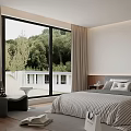 Modern Bedroom Interior With Large Windows Green View Beige Curtains Wooden Headboard And Striped Bedding