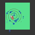 Vibrant Cartoon Scene With Red Character Orbital Rings Glowing Geometric Shapes And Rocky Peaks