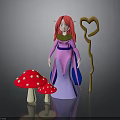 Magical Fairy With Red Hair Pink Purple Dress Red White Spotted Mushrooms Heart Shaped Staff