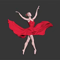 Ballerina Dancing In Red Dress With Flying Skirt Reflection On Gray Background Floor