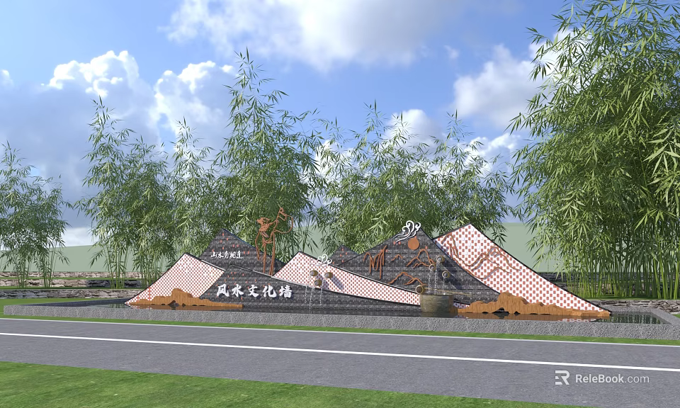 Taole Cultural Feature Wall with Bamboo Green Grass and Blue Sky Background 3d model 