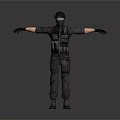 Tactical Character Model Wearing Black Military Gear With Helmet Mask And Extended Arms
