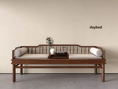 Traditional Chinese Wooden Daybed With Light Colored Cushions Small Table Vase And Tea Set 3d model