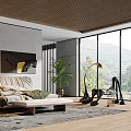 Elegant Modern Bedroom Interior With Bed Decorative Painting Floor Lamp Plant And Large Window
