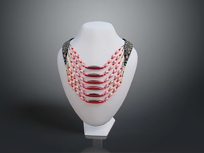 Stylish Multilayer Necklace With Red And White Beads Black Shoulder Accents On Mannequin 3d model