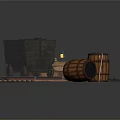 Rustic Mine Cart Scene With Wooden Barrels Coal Pile And Lit Lantern