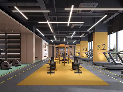 Modern Fitness Gym Interior With Treadmills Weight Machines And Yellow Flooring 3d model