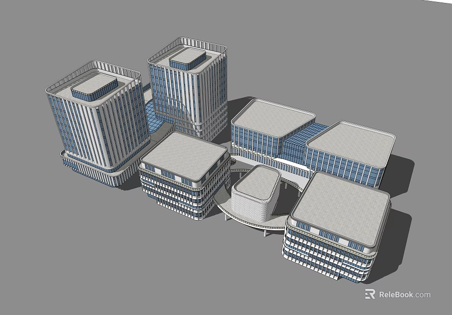 Modern Office Building Complex With Glass Facades And Connected Structures 3d model