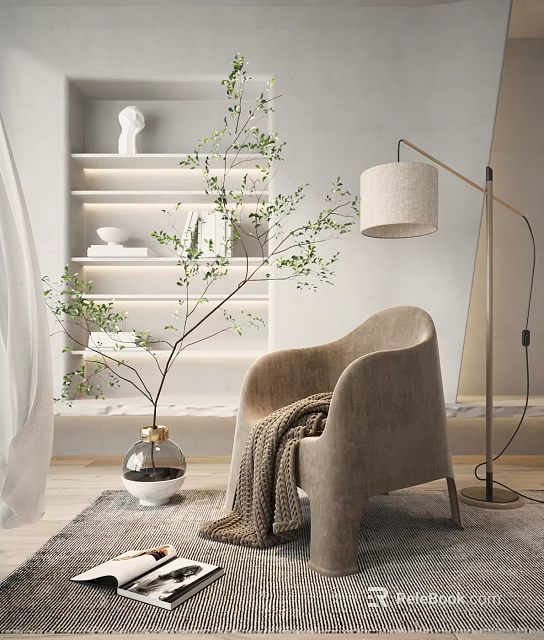 Beige Single Sofa With Floor Lamp Green Plant In Vase And Bookshelf Interior 3d model 