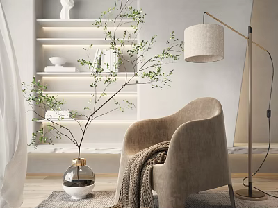 Beige Single Sofa With Floor Lamp Green Plant In Vase And Bookshelf Interior 3d model