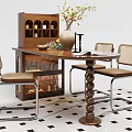 Wooden Dining Table Set with Chairs Wine Cabinet Pendant Light and Vase