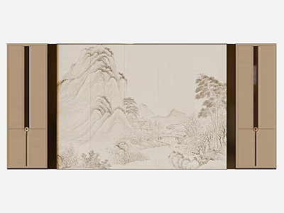 Elegant Sofa Backdrop Wall With Ink Landscape Painting And Wooden Decorative Panels 3d model