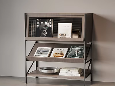 Stylish Modern Bookcase with Books Magazines and Metal Tray on Shelves 3d model