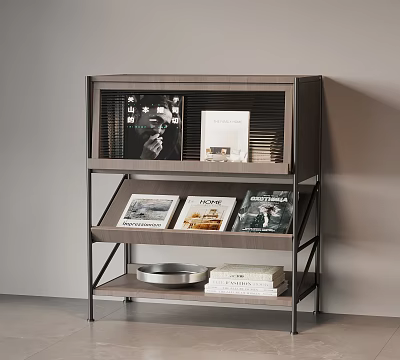 Stylish Modern Bookcase with Books Magazines and Metal Tray on Shelves 3d model