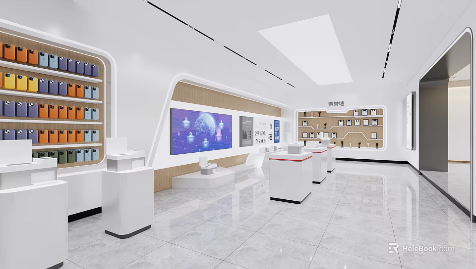 Digital Store Interior With Modern Design Neat Display Shelves And Interactive Screen 3d model 