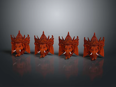 Red Ganesha Statues With Decorative Crowns And White Tusks Arranged On Dark Background With Reflections 3d model