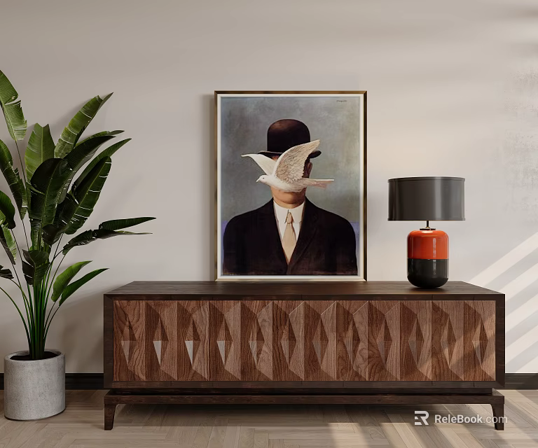 Wooden TV Stand With Carved Patterns And Large Green Plant Framed Painting Table Lamp 3d model 