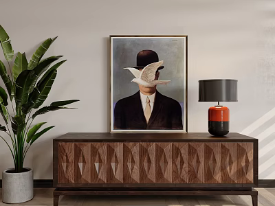 Wooden TV Stand With Carved Patterns And Large Green Plant Framed Painting Table Lamp 3d model
