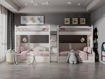 Modern Kids Room With White Bunk Beds Pink Bedding Star Lights And Stuffed Toys 3d model