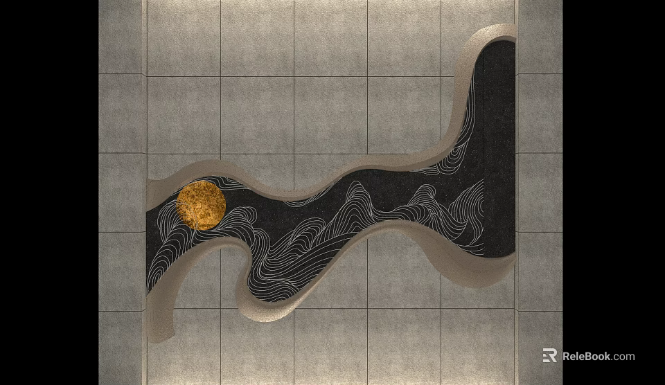 Artistic Wall Decor on Gray Tile Background with Black Panel Golden Circle and Wavy Patterns 3d model