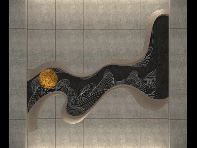 Artistic Wall Decor on Gray Tile Background with Black Panel Golden Circle and Wavy Patterns 3d model