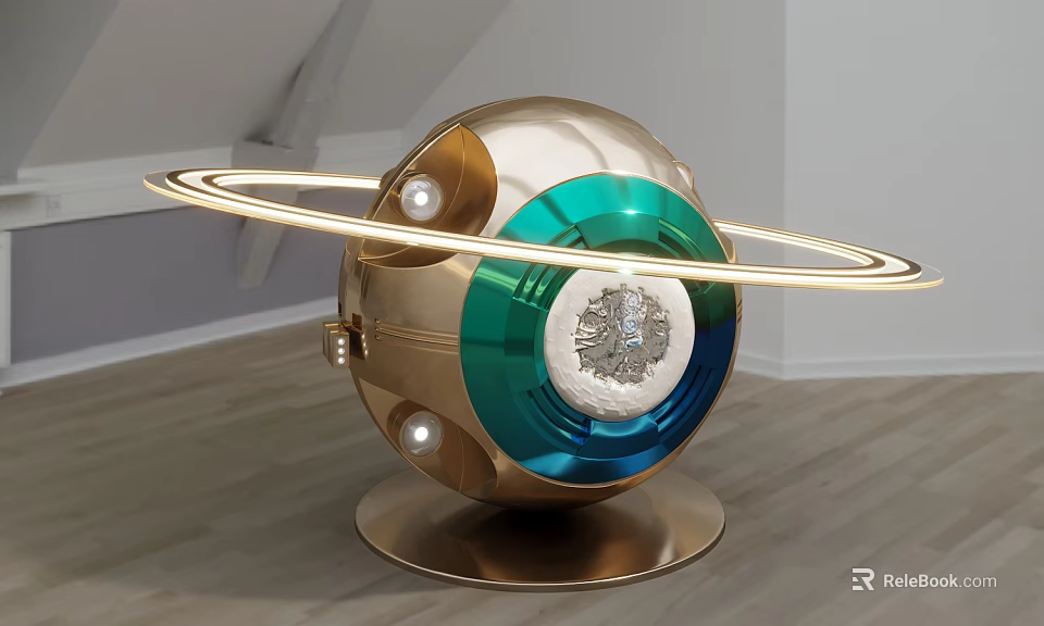 Elegant Decorative Ornament Set Featuring Spherical Design Golden Rings Green Accents And Stable Base 3d model 