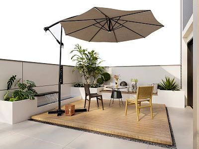 Villa Balcony With Wooden Deck Platform Large Parasol Green Plants White Planters And Table Chairs 3d model