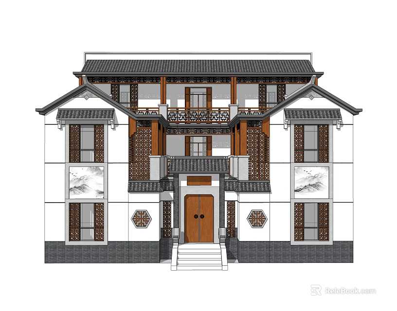 Chinese Style Two Story Detached Villa with Traditional Tile Roof and Carved Decorations 3d model 