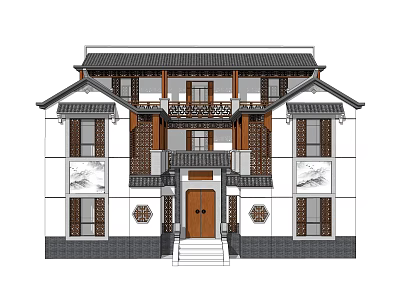 Chinese Style Two Story Detached Villa with Traditional Tile Roof and Carved Decorations 3d model