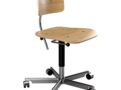 Office Chair With Wooden Seat Backrest Height Adjustable Metal Base And Rolling Wheels 3d model